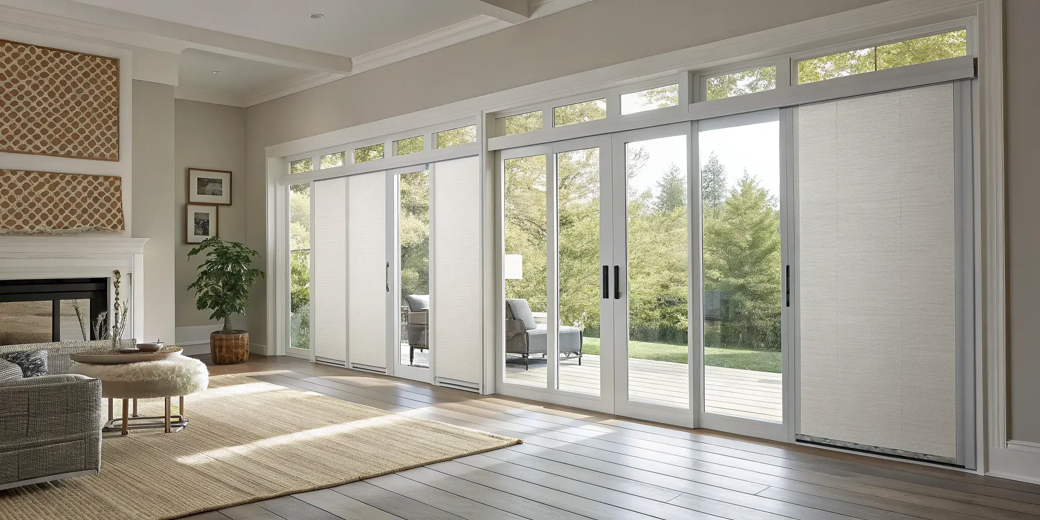 Light-filtering shades are a modern alternative to vertical blinds for sliding glass doors.