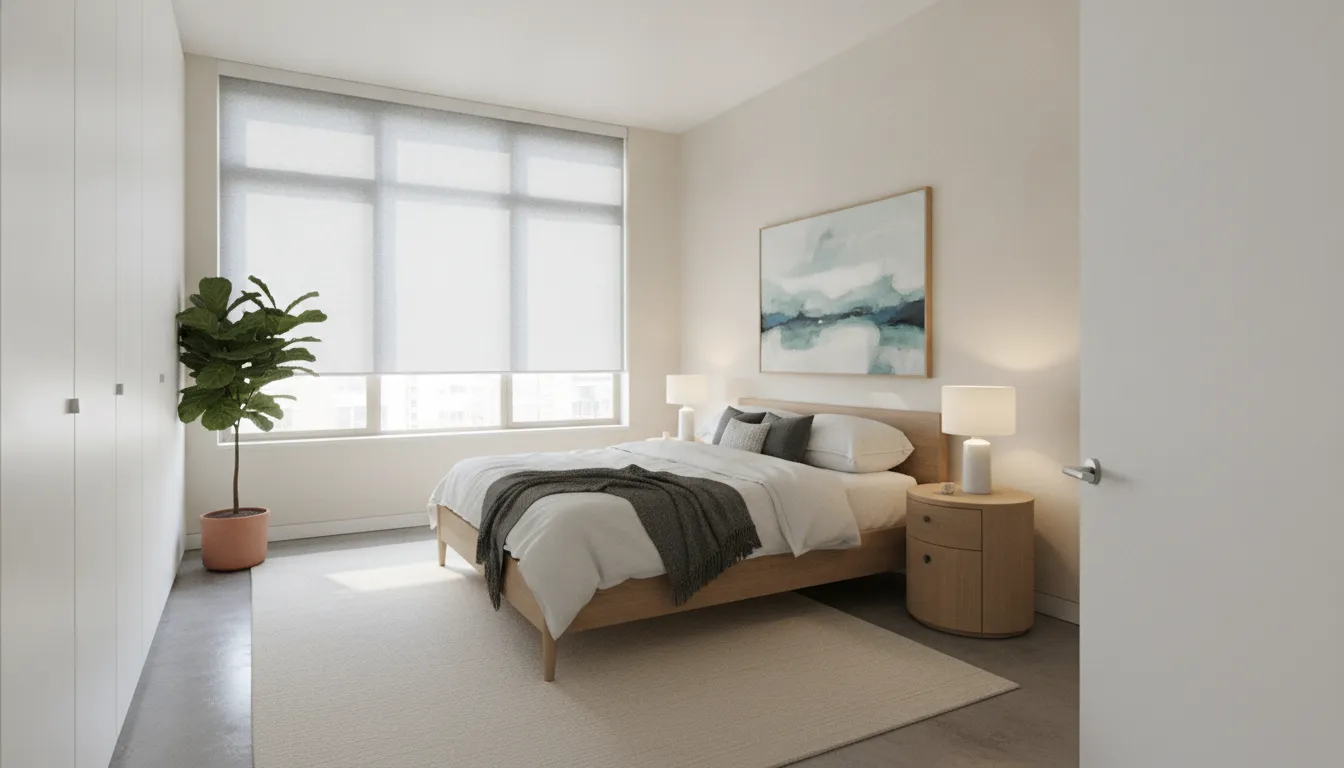 Modern rental bedroom with stylish roller shades providing light control and privacy