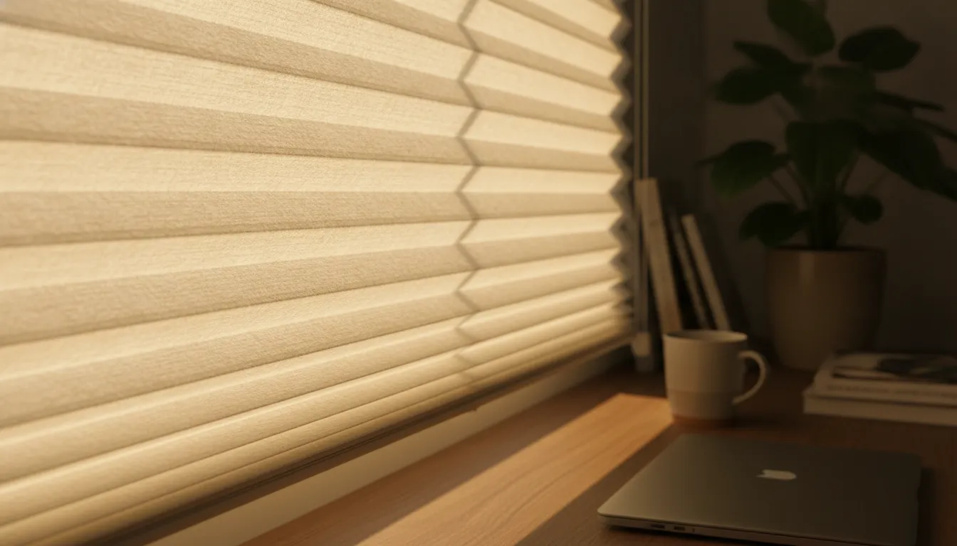 Custom cellular shades filtering warm sunlight in a Southern California home office