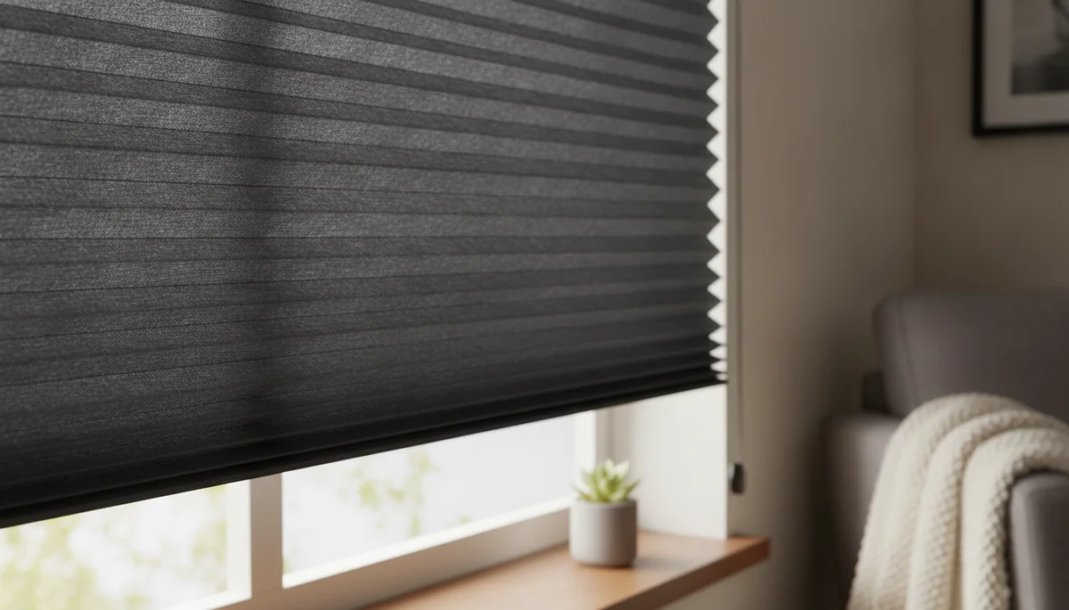 Close-up of blackout cellular shades with honeycomb fabric texture on a residential window