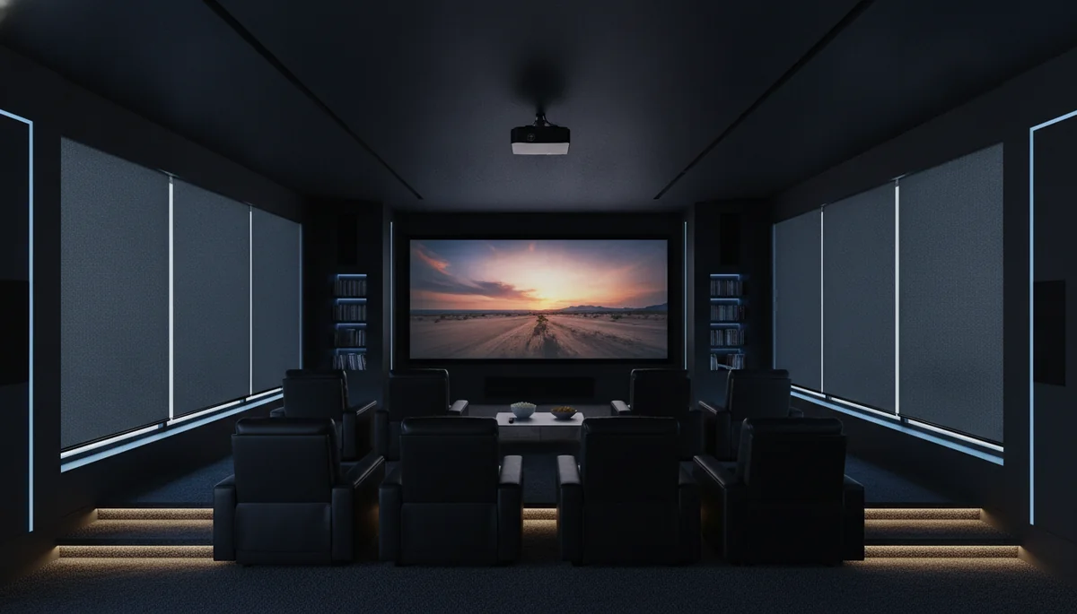 Modern home theater with motorized roller shades dimming the room for movie night