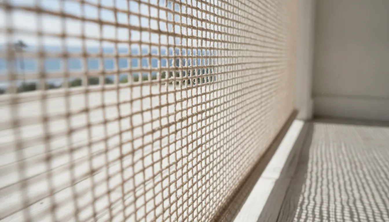 Solar shade fabric weave filtering ocean light in a coastal California home