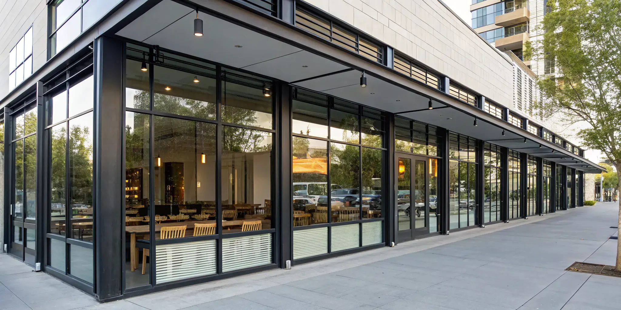 Bi-fold cafe shutters on a modern business storefront, opened to create a welcoming atmosphere.
