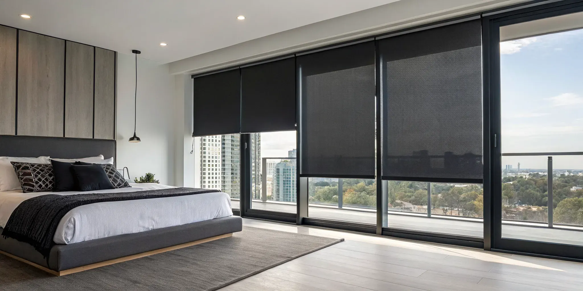 Sleek blackout blinds for a bedroom, providing complete darkness and privacy for better sleep.