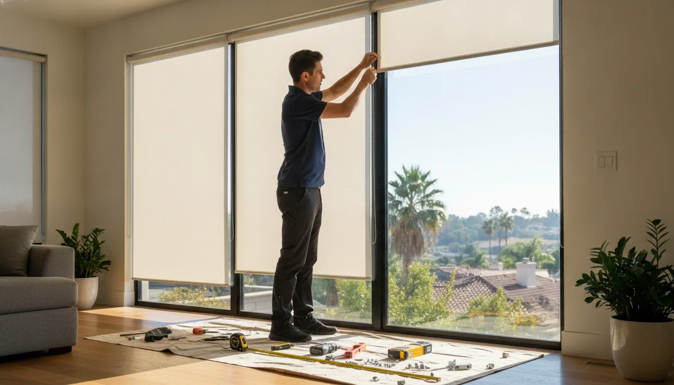 Professional blind installer measuring and fitting custom window blinds in a Southern California home