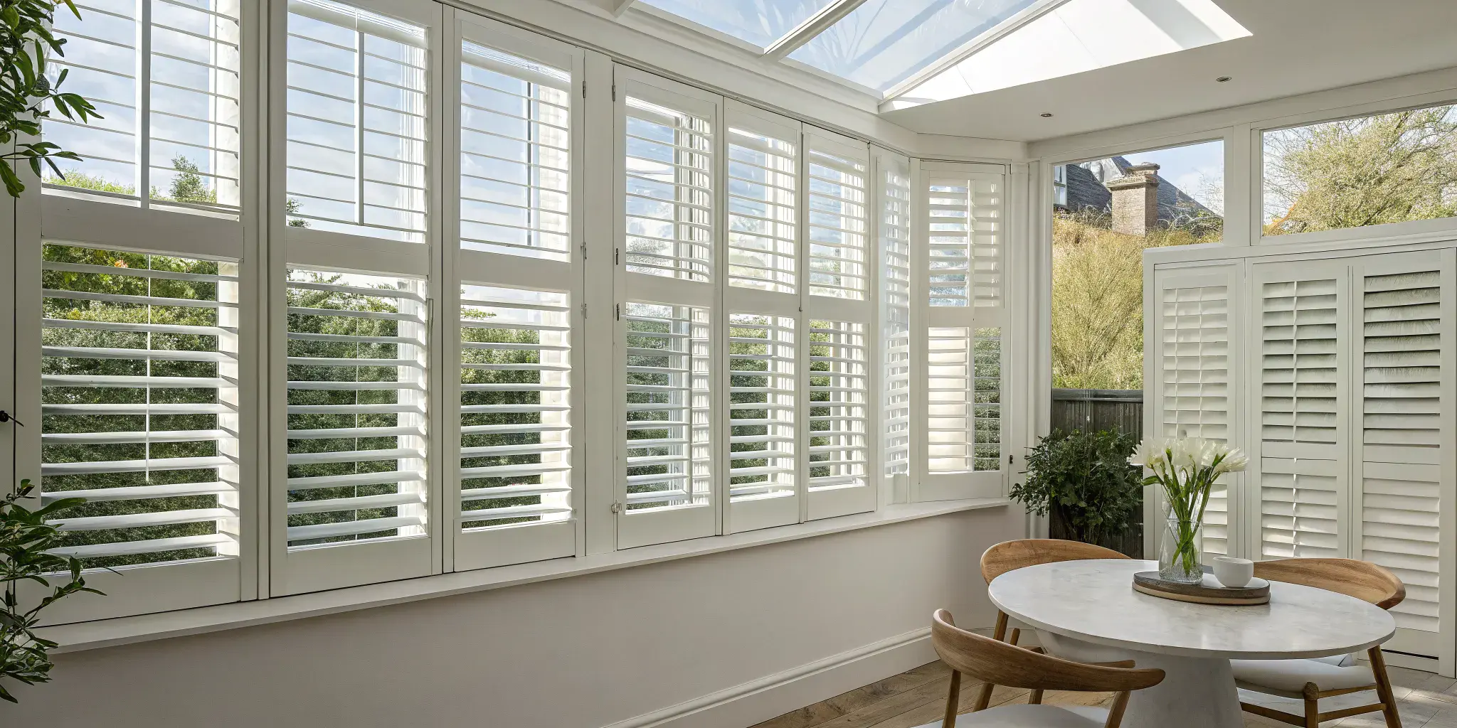 Stylish cafe shutters on a half window, balancing natural light with privacy.