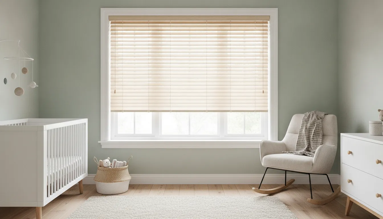 Modern nursery with cordless faux wood blinds offering child-safe window treatment in soft natural light
