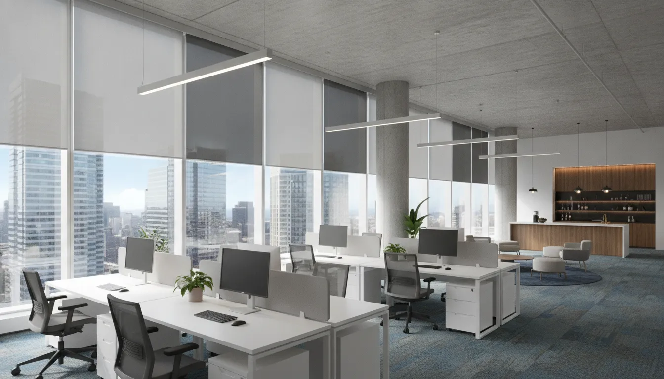 Bright commercial office with roller shades on large windows for professional window treatments