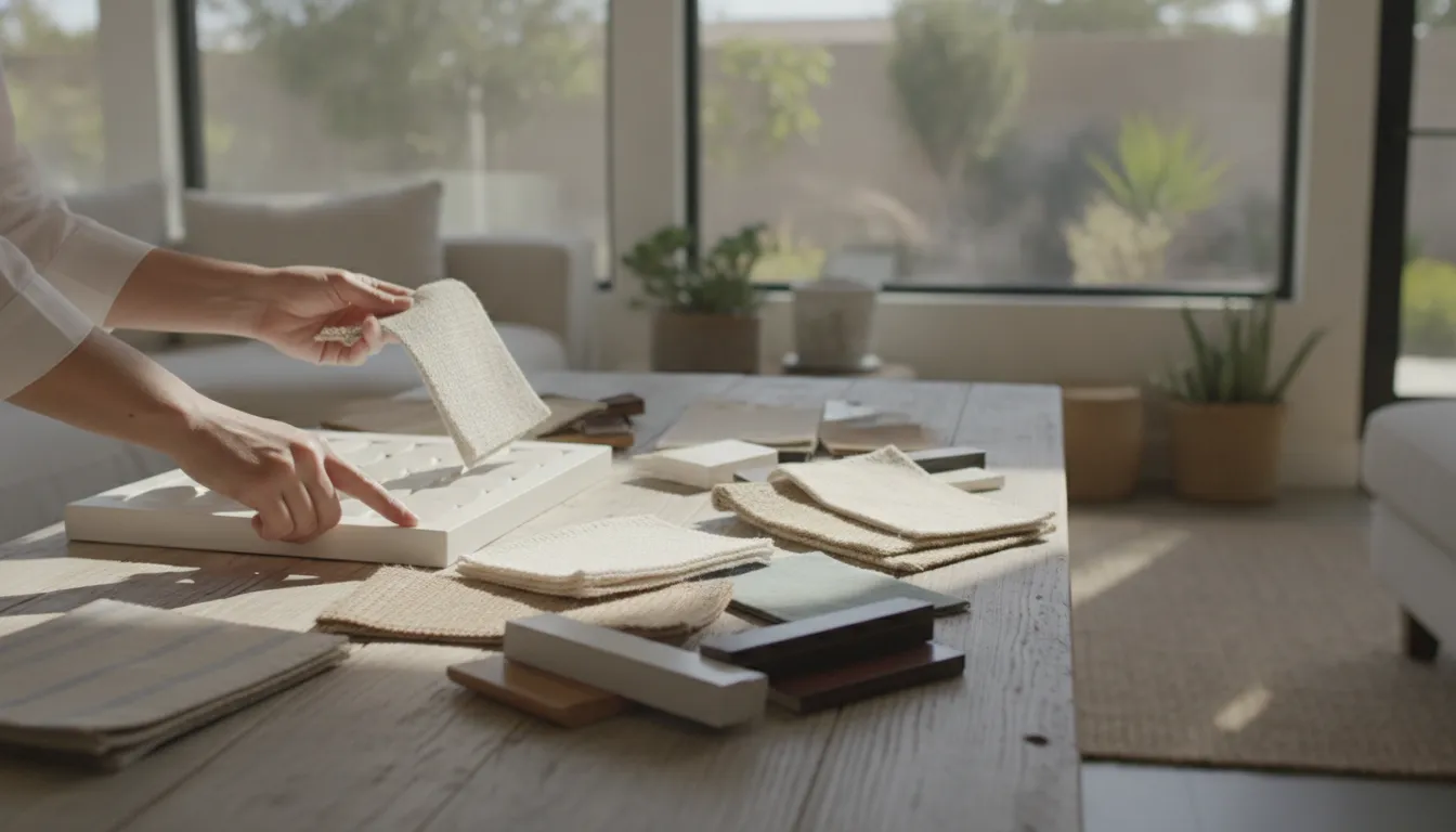Homeowner comparing blind and shutter material samples with a design consultant in a bright Southern California living room