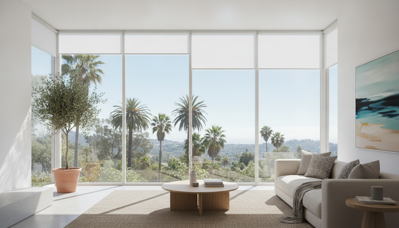 Modern living room with cordless blinds on large windows showing clean cord-free design
