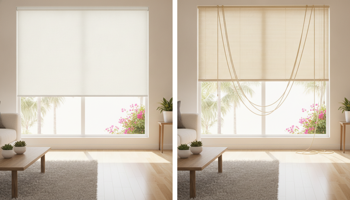Side by side comparison of a modern cordless blind and an old corded blind on adjacent windows