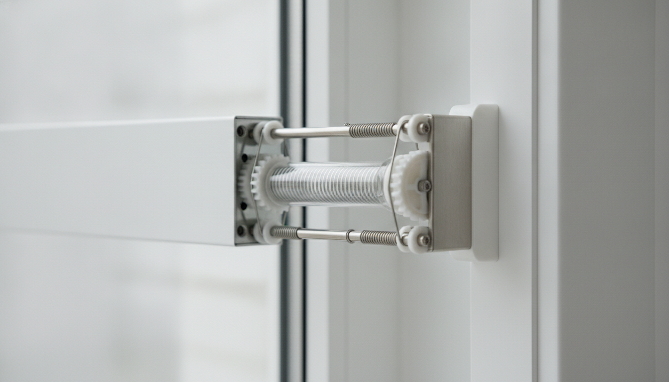 Close-up view of a cordless blind lift mechanism showing the spring tension system inside the headrail