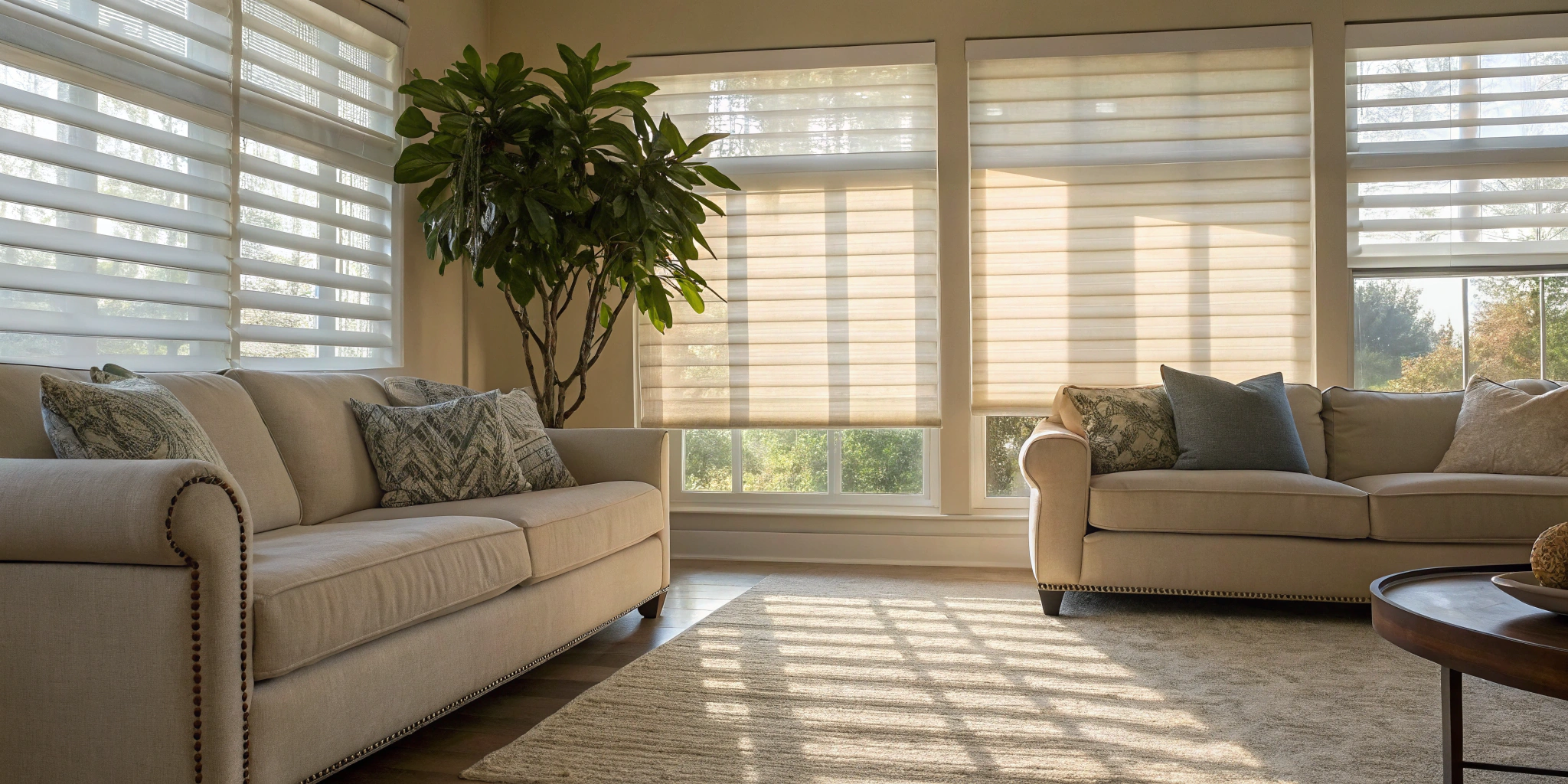 Custom blackout blinds on large living room windows provide total light control, privacy, and style.