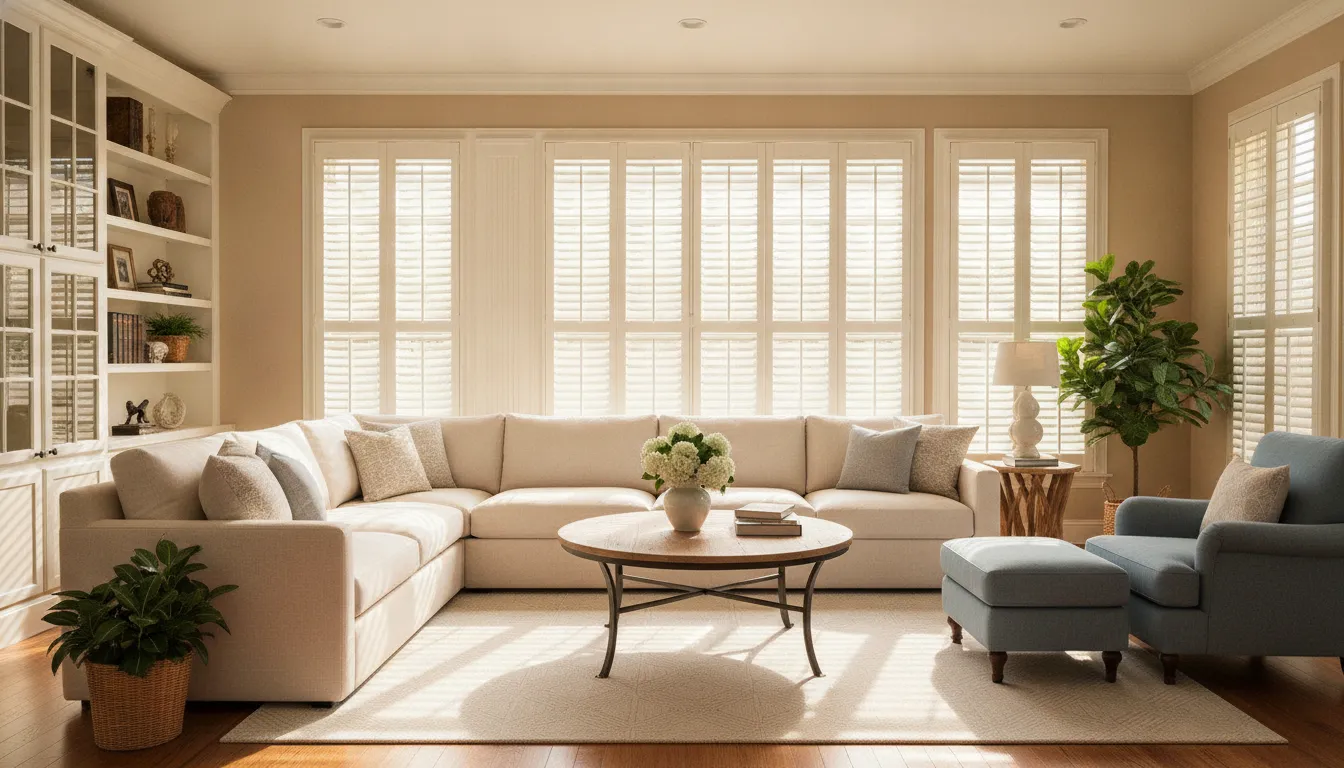White plantation shutters in a bright living room