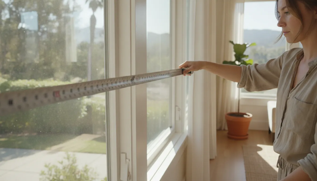 Homeowner measuring a window frame with a steel tape measure before ordering blinds