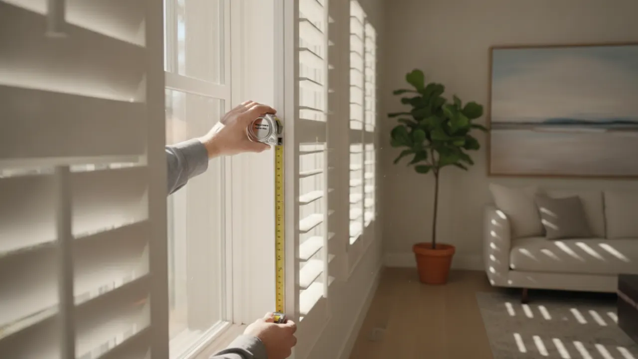 Professional measuring an inside window recess for inside mount shutters.