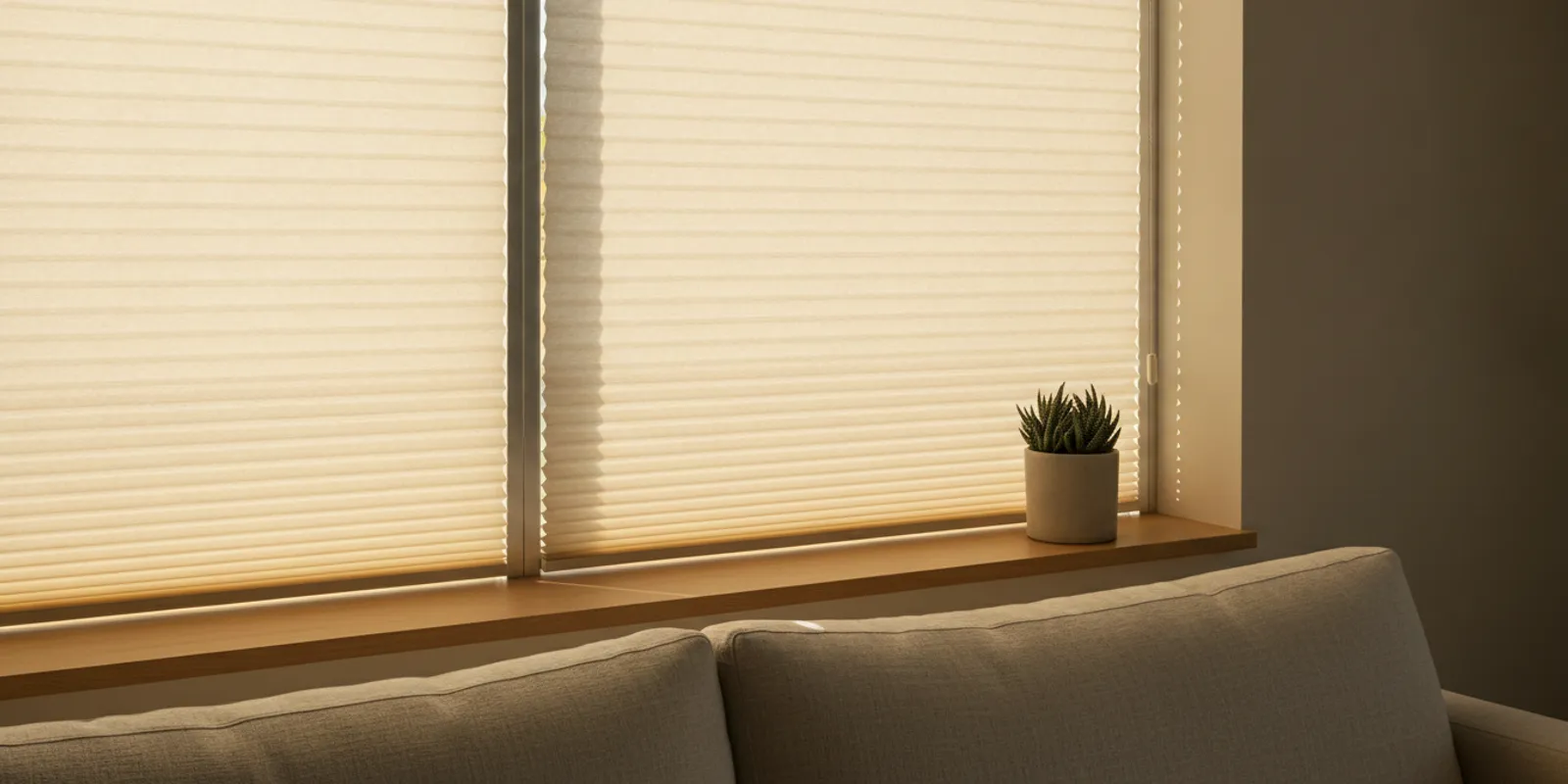 Cellular window shade fitted with side tracks in a bright, comfortable living room