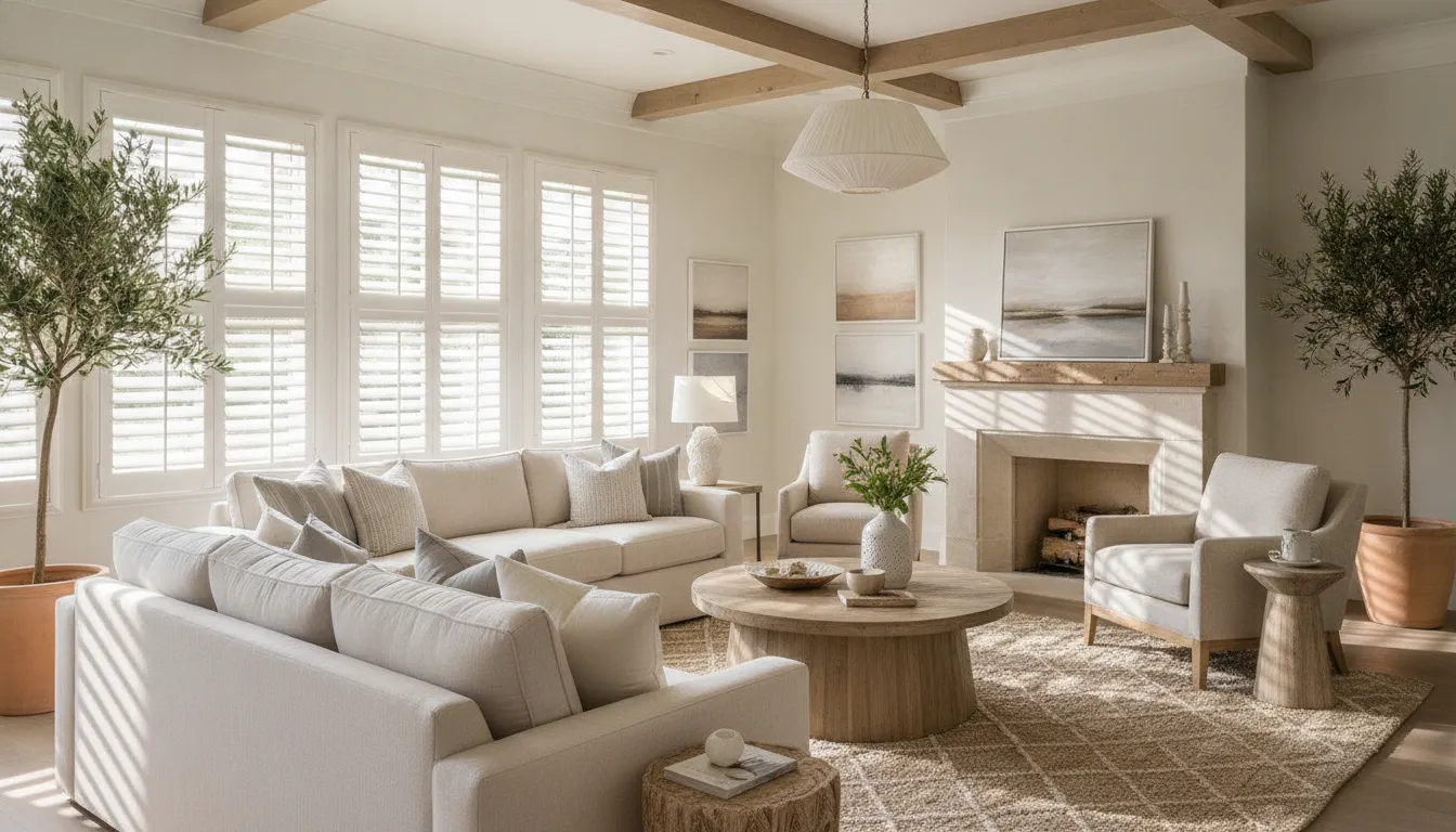 Bright living room with white interior shutters