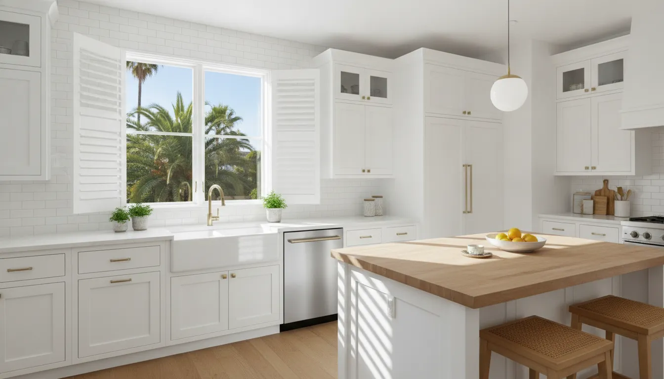 White moisture-resistant interior shutters in a bright kitchen