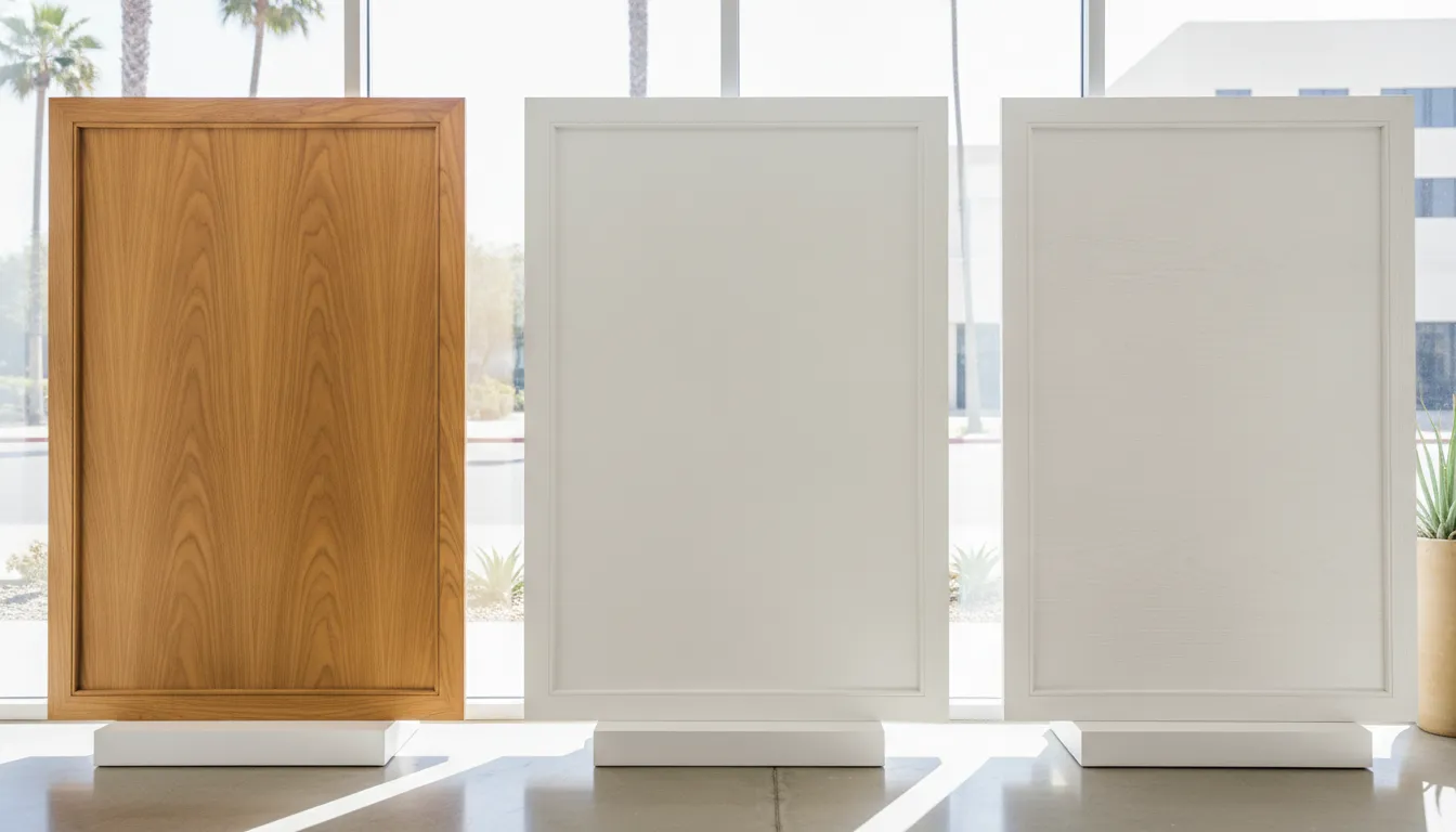 Interior shutter material samples including wood, Polycore, and faux wood