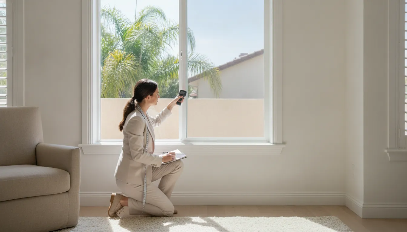 Professional measuring a window for custom interior shutters