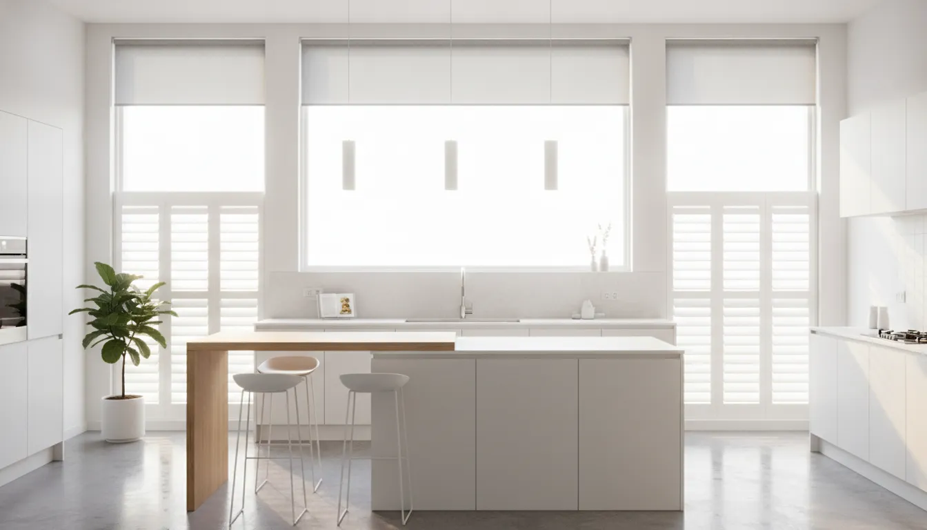 Modern kitchen with stylish window blinds and shutters