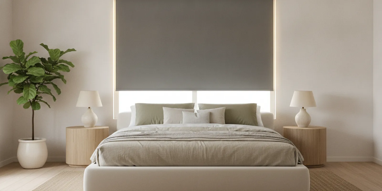 Made-to-measure blackout shade fitted closely over a bright bedroom window