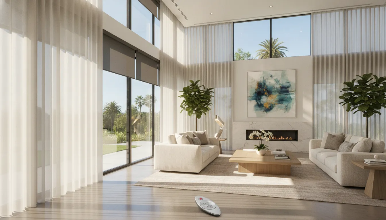 Modern living room with motorized window blinds in a Southern California home