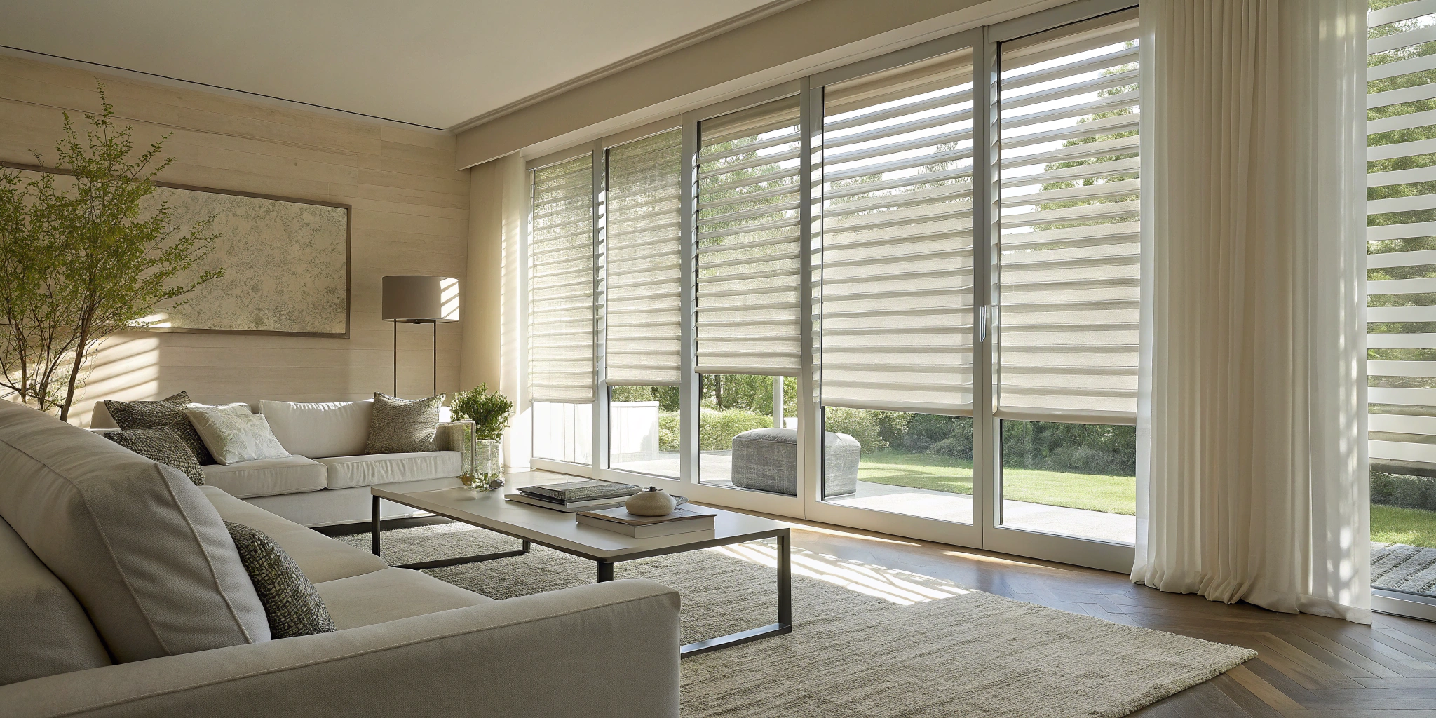 Motorized smart blinds in a modern living room with large windows.