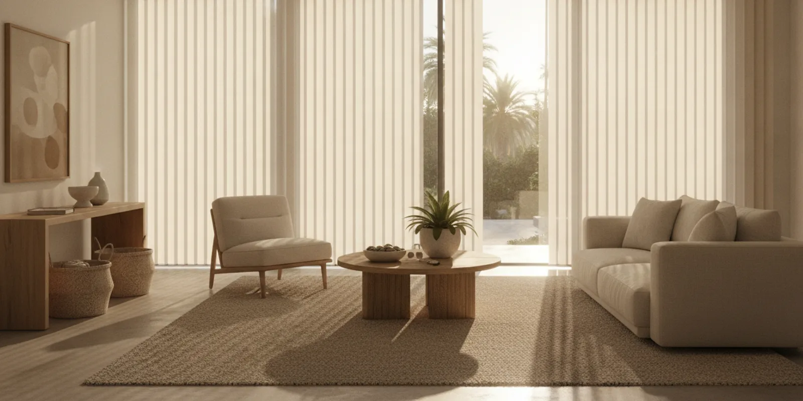 Vertical blinds stacked to one side of a sliding glass door