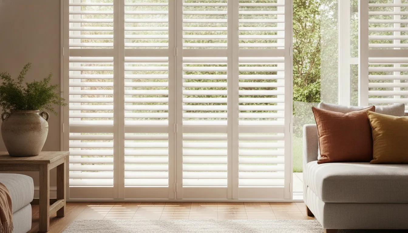 Beautiful white plantation shutters on a large window with natural light filtering through