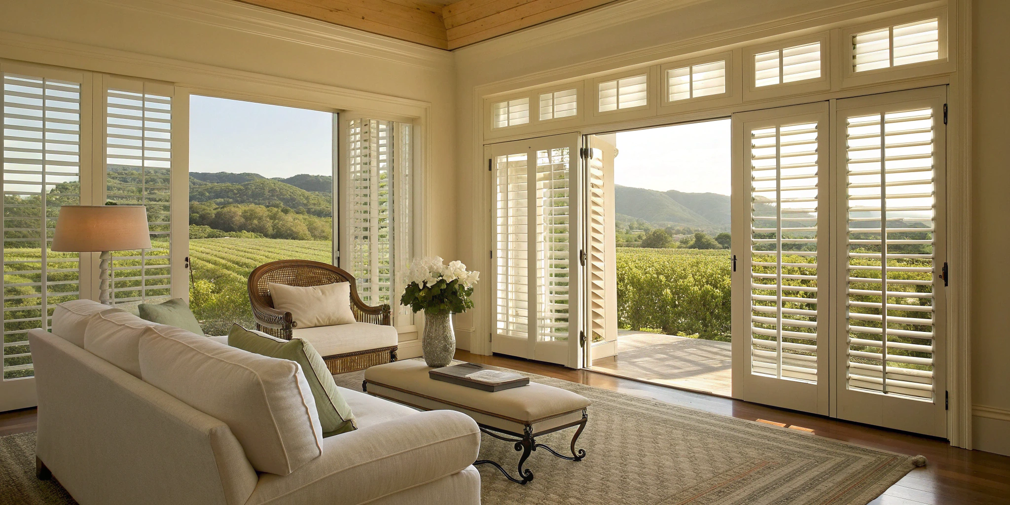 White plantation shutters installation in a bright living room with large windows.