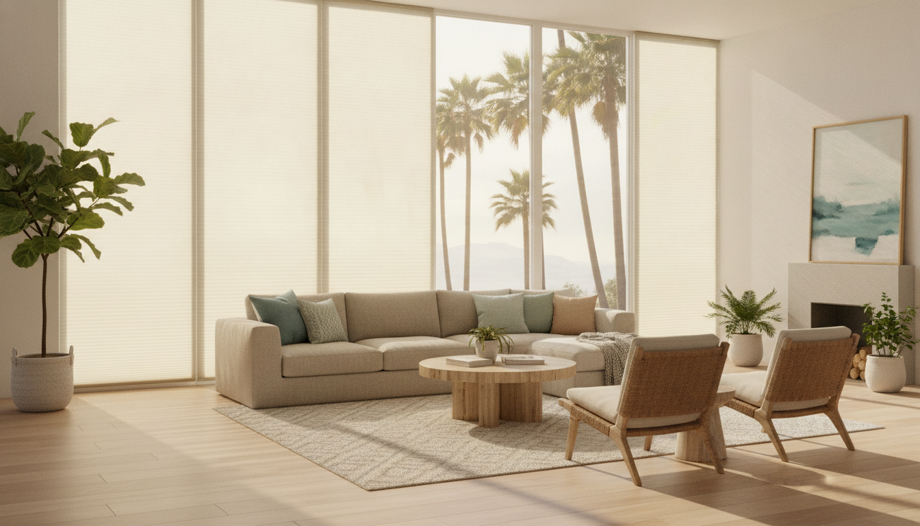 Light-filtering cellular shades allowing natural light into a Southern California living room with modern furniture