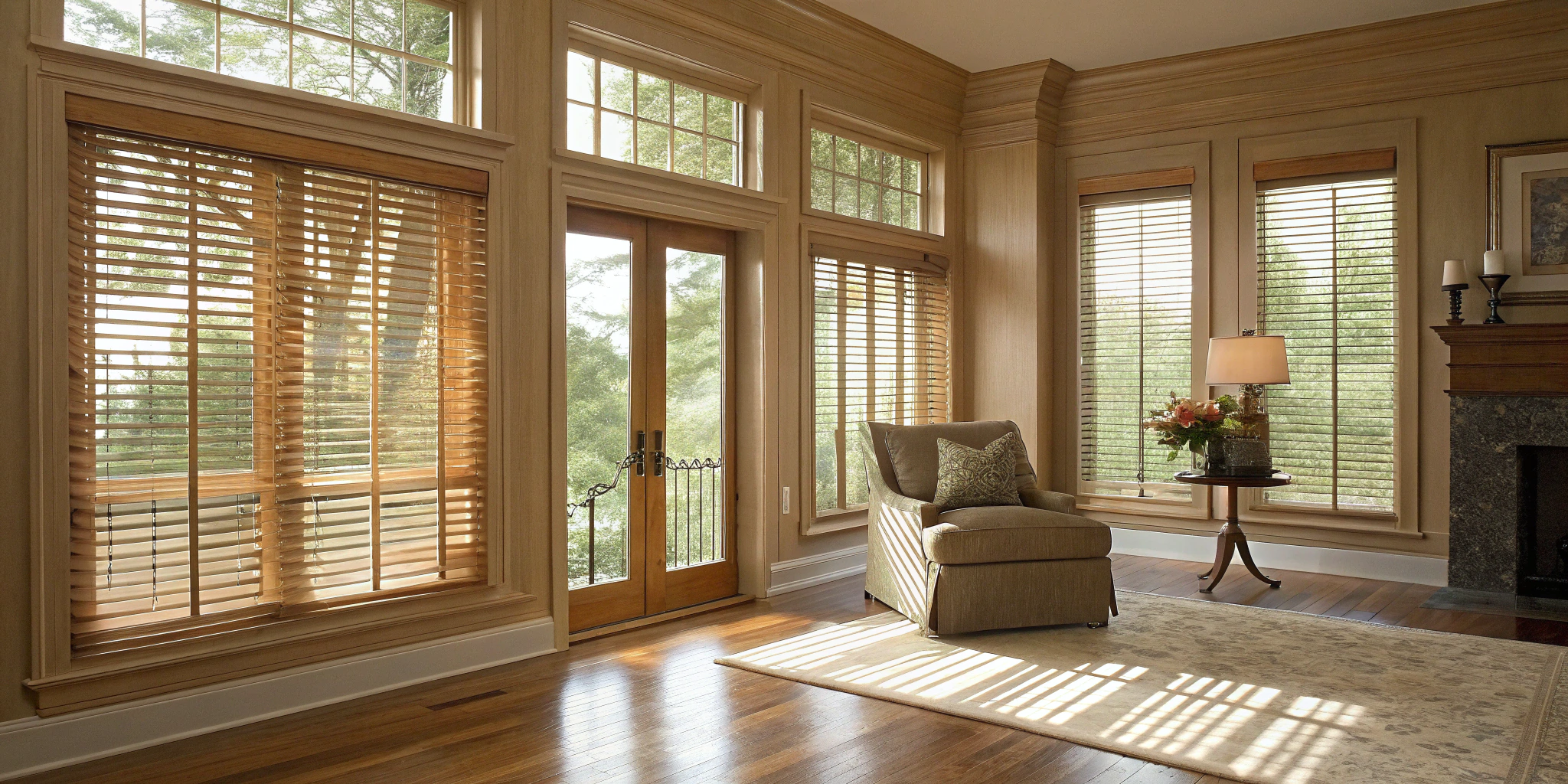 Real wood window blinds on large living room windows filtering bright natural sunlight.