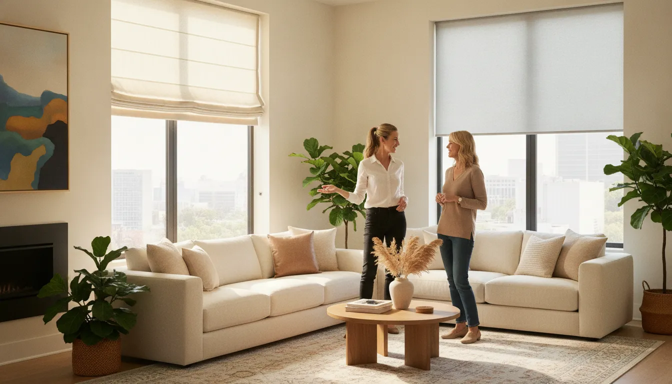 Roman shade and roller shade options displayed in a bright living room