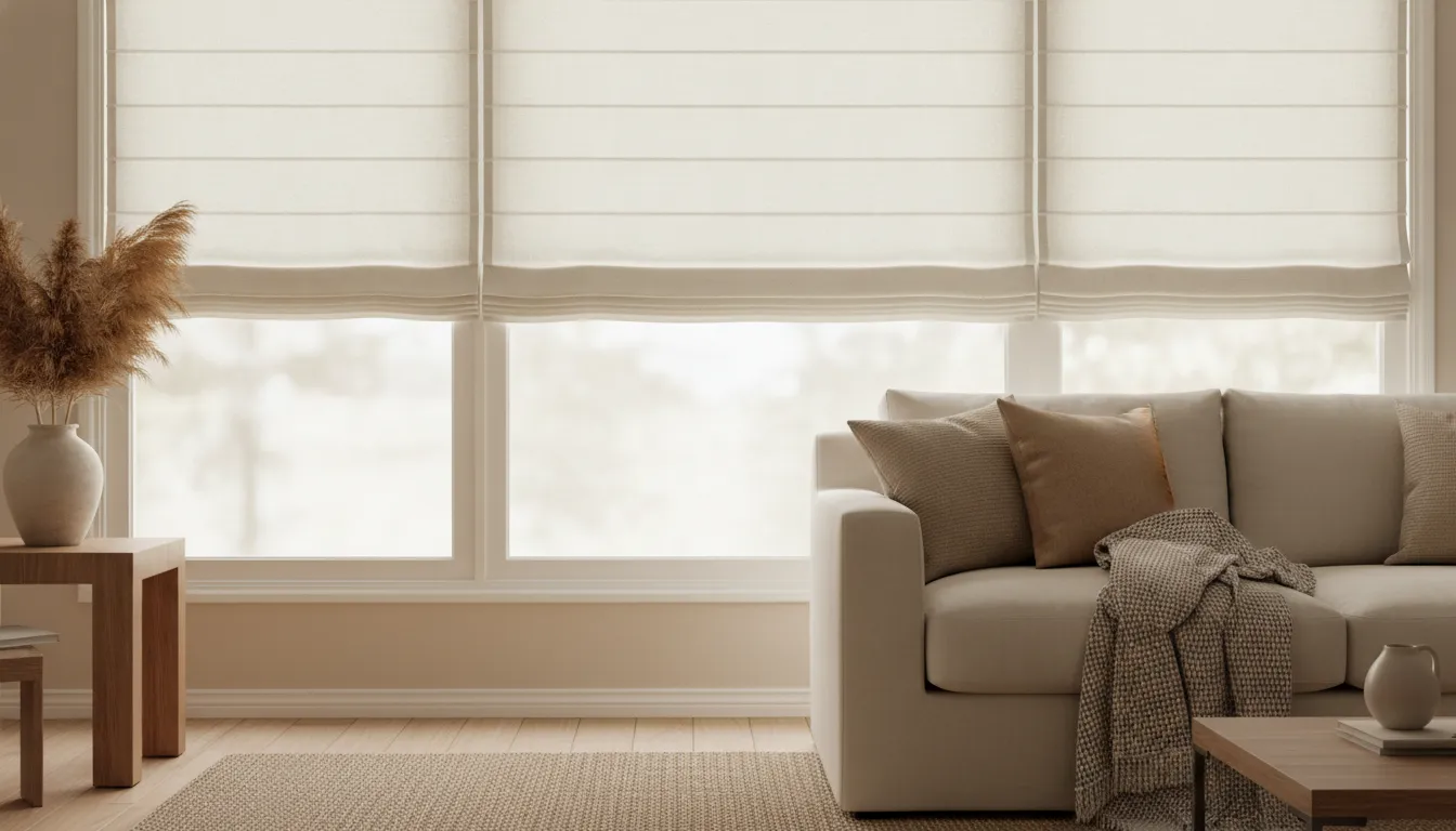 insulated Roman shade in a bright living room