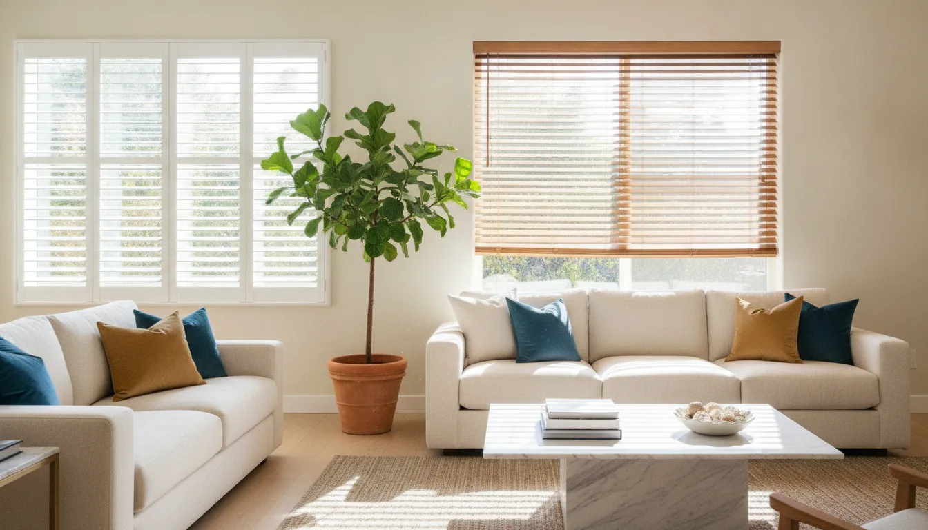 Plantation shutters and wood blinds in a Southern California living room