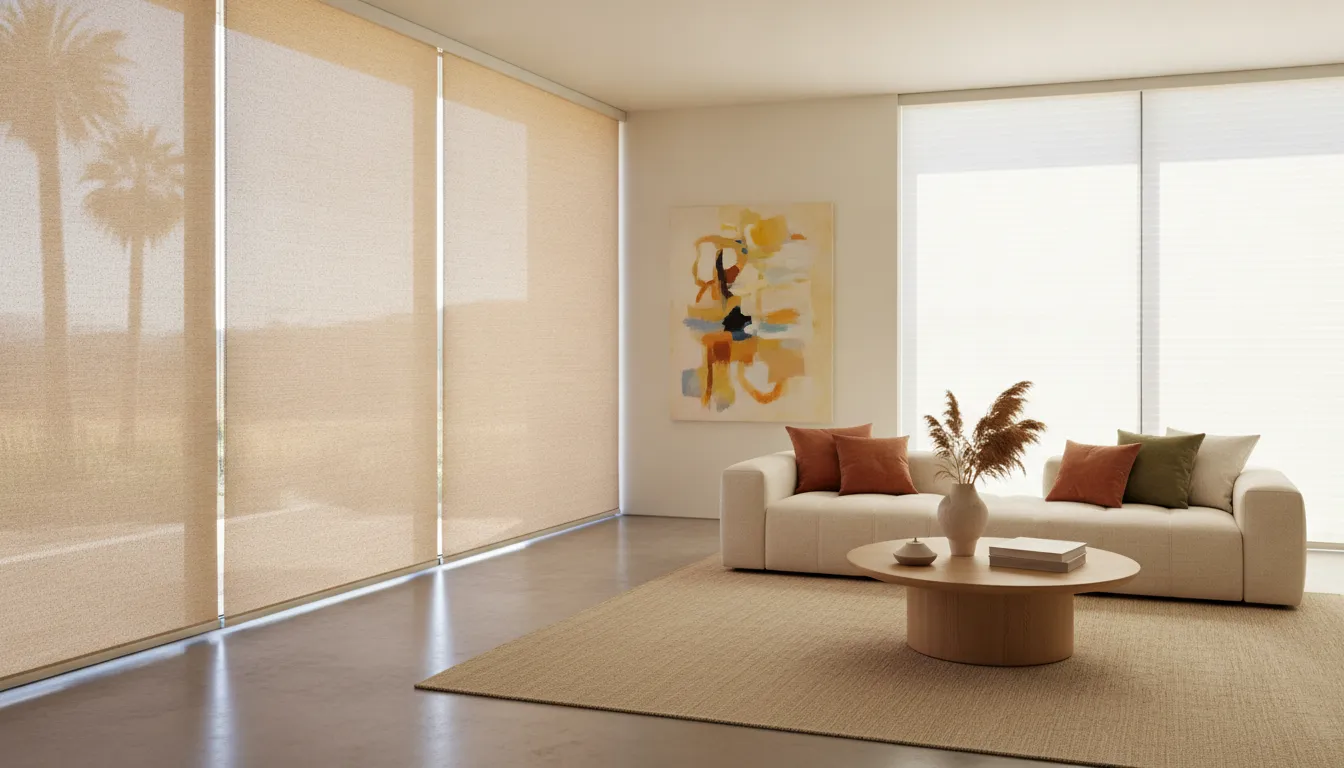 Modern Southern California home interior with solar shades and cellular shades on windows