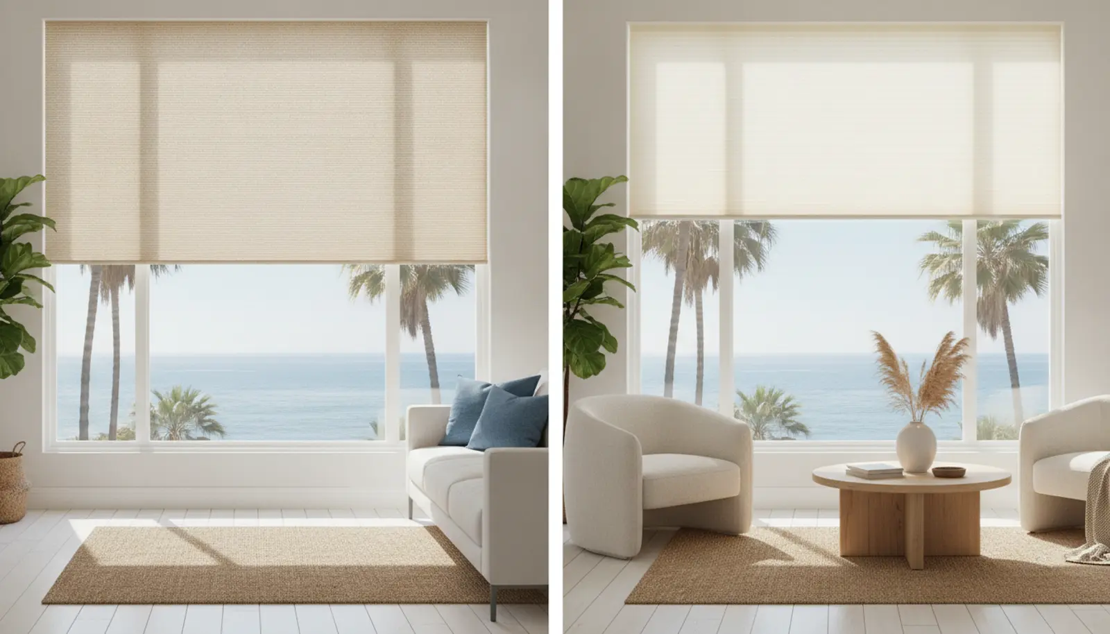Side-by-side comparison of a woven solar shade and a cellular honeycomb shade on windows in a bright Southern California living room