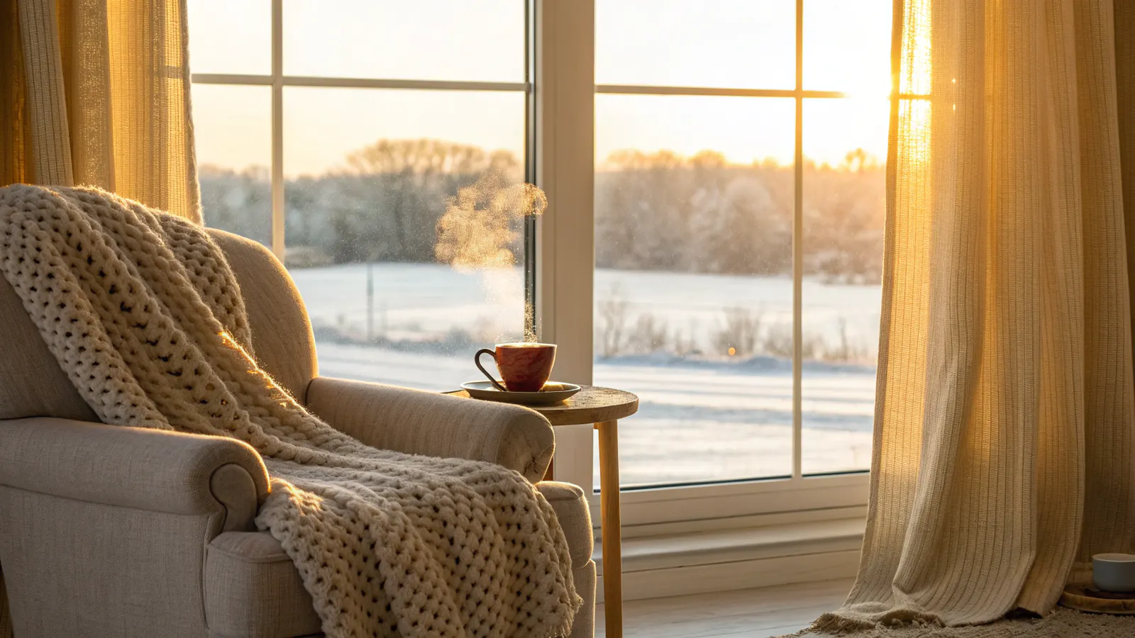 A sunlit room with thermal window coverings to stay warm and save energy in winter.