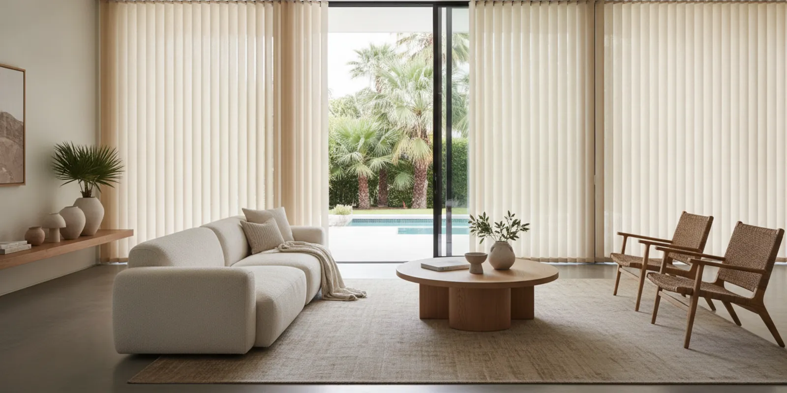 Vertical blinds covering a wide living room window beside a sliding glass door