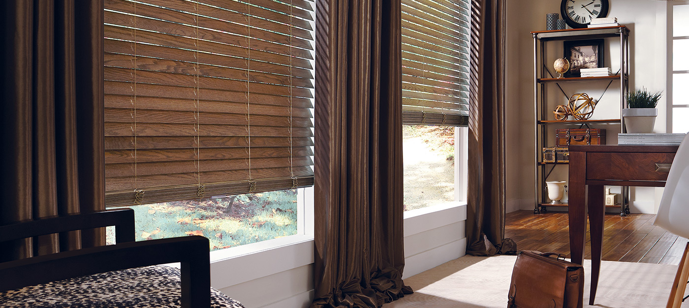 Brown Blinds In Office - cordless faux wood blinds