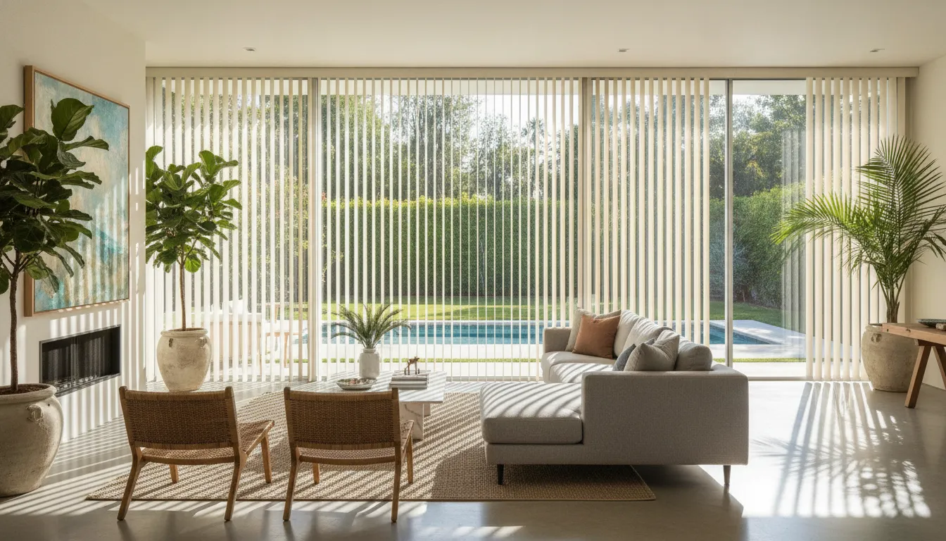 Bright living room with sliding glass doors featuring vertical window coverings, natural light, and indoor-outdoor living space