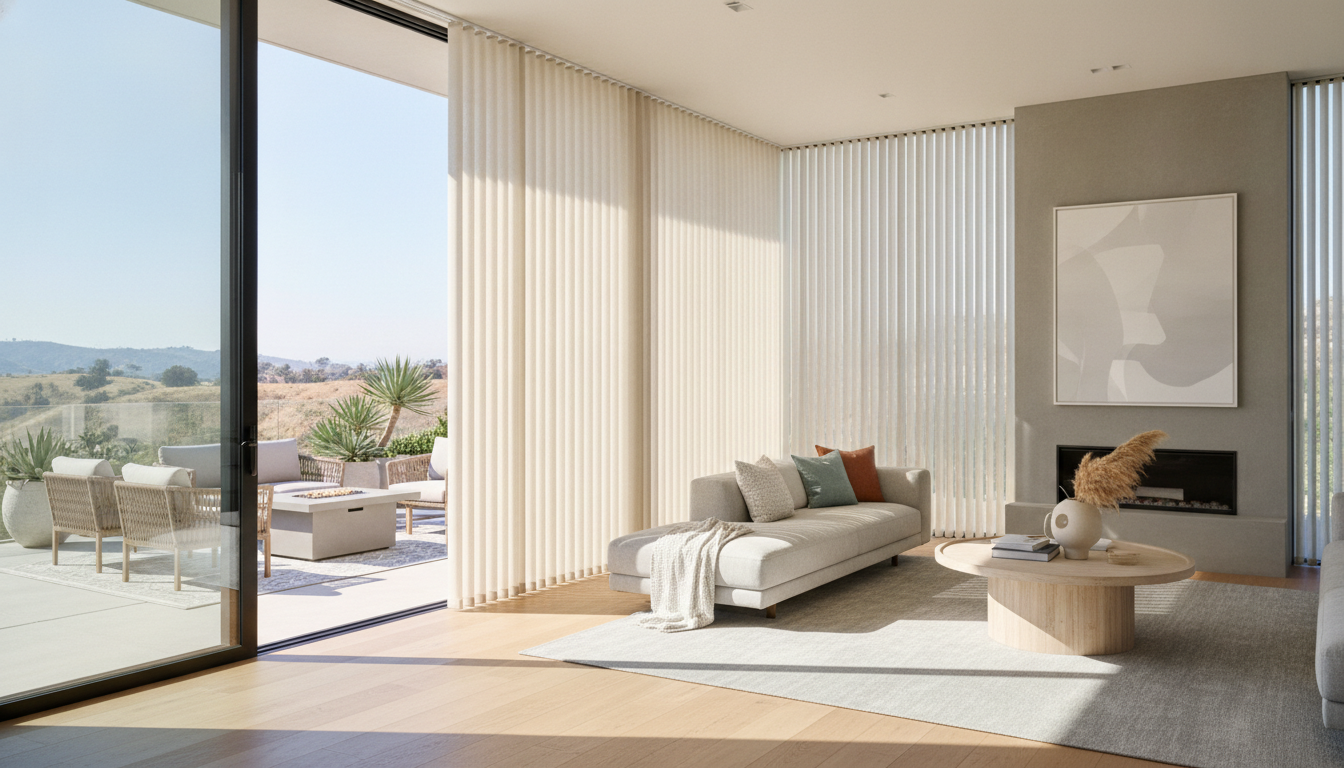Modern Southern California living room with sliding glass doors featuring vertical blinds and bright natural light