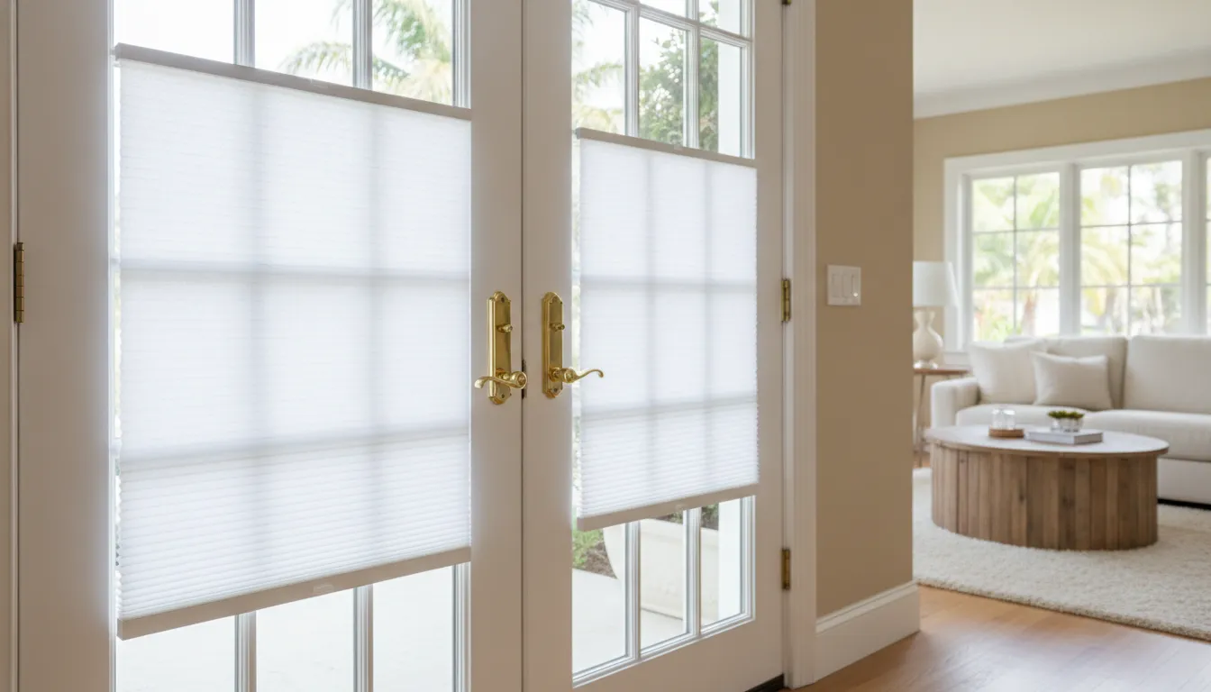 Custom plantation shutter fitted around a French door handle