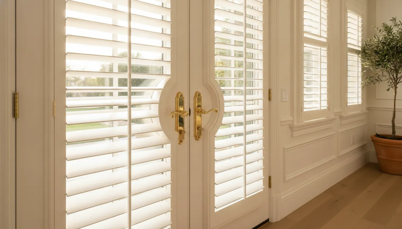 Low-profile cellular shades installed on paired French doors
