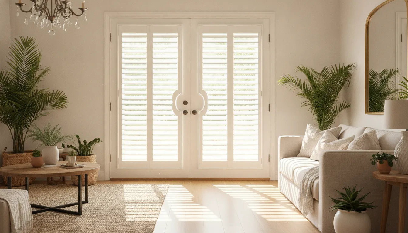 White French doors with custom plantation shutters
