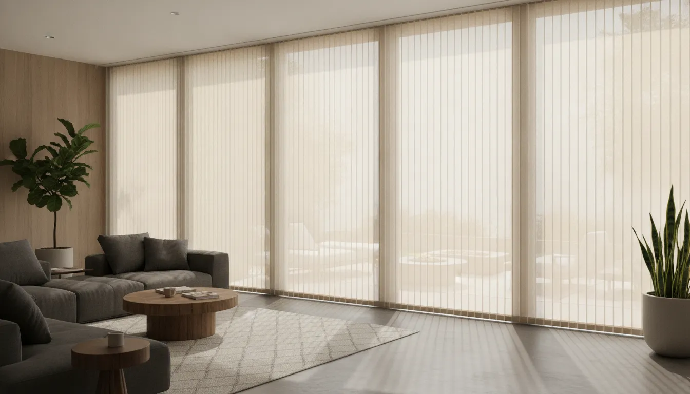 Modern living room with sliding glass doors featuring vertical cellular shades, filtered sunlight, and comfortable interior