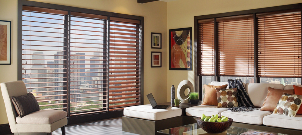 Faux wood blinds in a warm living room