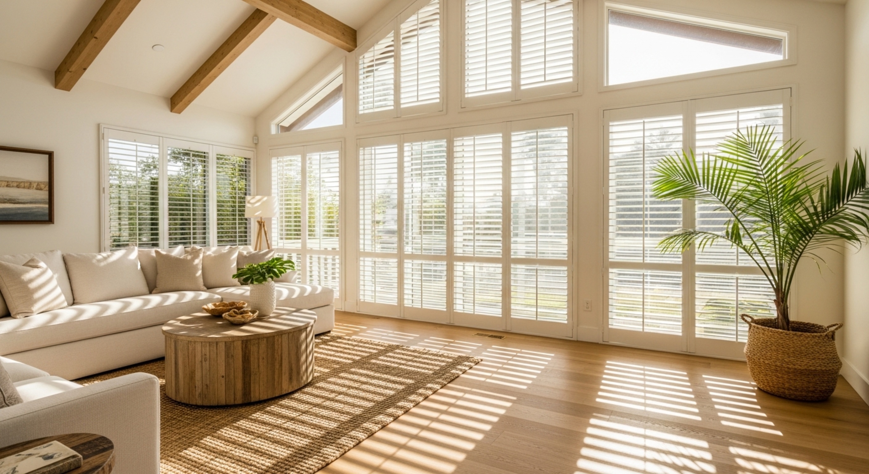 Tall windows dressed in layered plantation shutters filtering morning sunlight into geometric shadow patterns